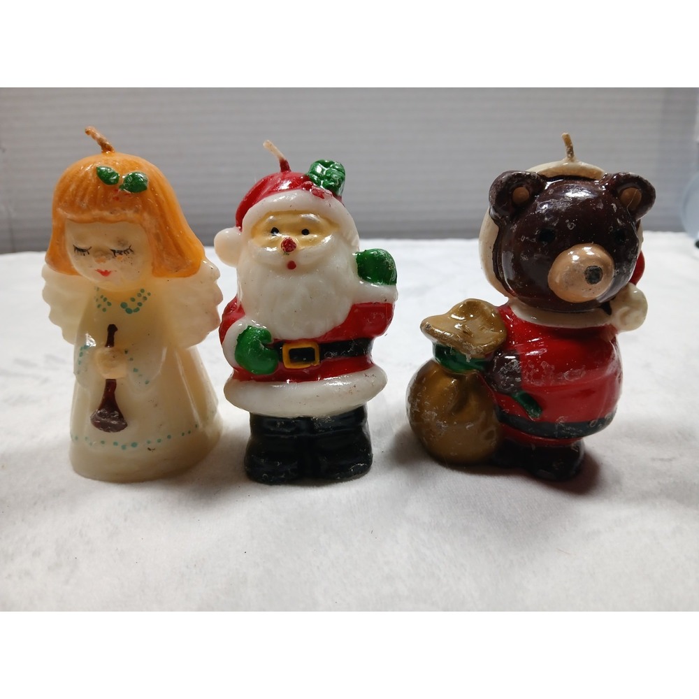 Set Of Three Vintage Wax Christmas Character Candles Unused